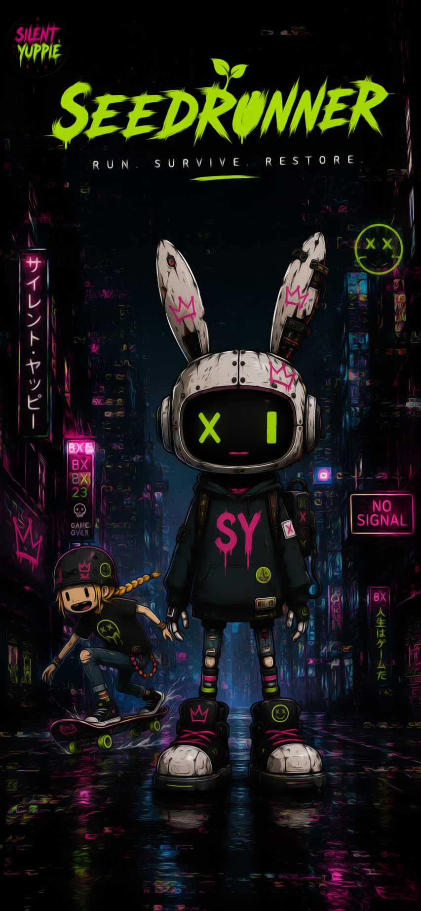 SeedRunner — BX and Glytch in a neon city
