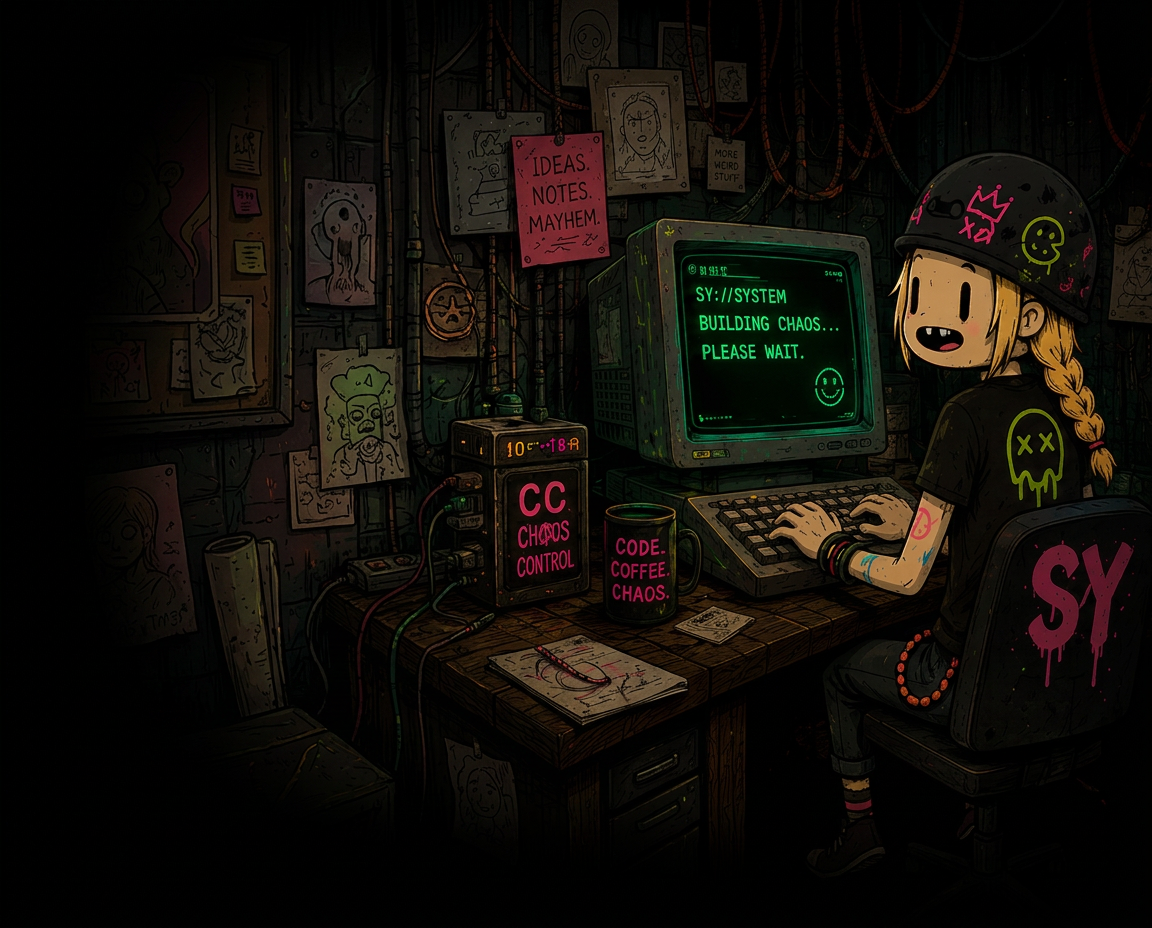Glytch working at a cluttered retro workstation, CRT monitor reading SY://SYSTEM BUILDING CHAOS... PLEASE WAIT.